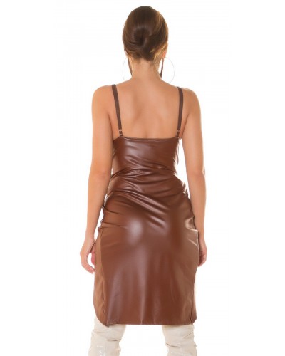 Rochie de club scurta, din piele eco, maro, mulata, tip corset, asimetrica, Edythe  - dyandra.ro