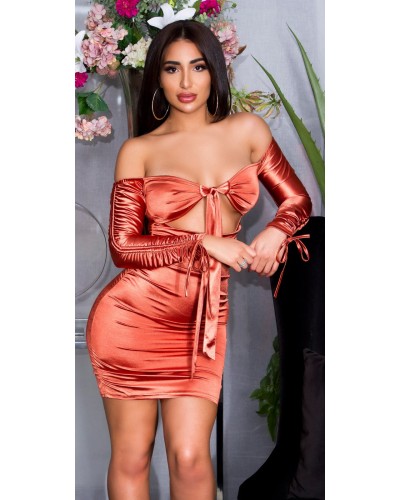 Rochie scurta din satin bronz mulata cu umerii goi Oksana - dyandra.ro