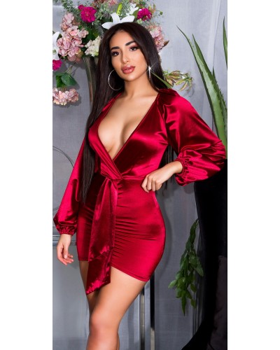 Rochie de club scurta, din satin burgundy, mulata, cu maneca lunga, Kaylee - dyandra.ro