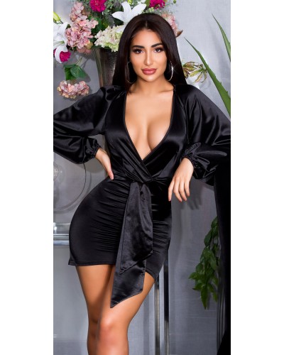 Rochie scurta neagra din satin mulata cu maneca lunga Kaylee - dyandra.ro