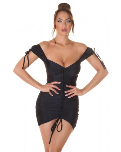 Rochie scurta neagra mulata cu umerii goi drapata Karla - dyandra.ro