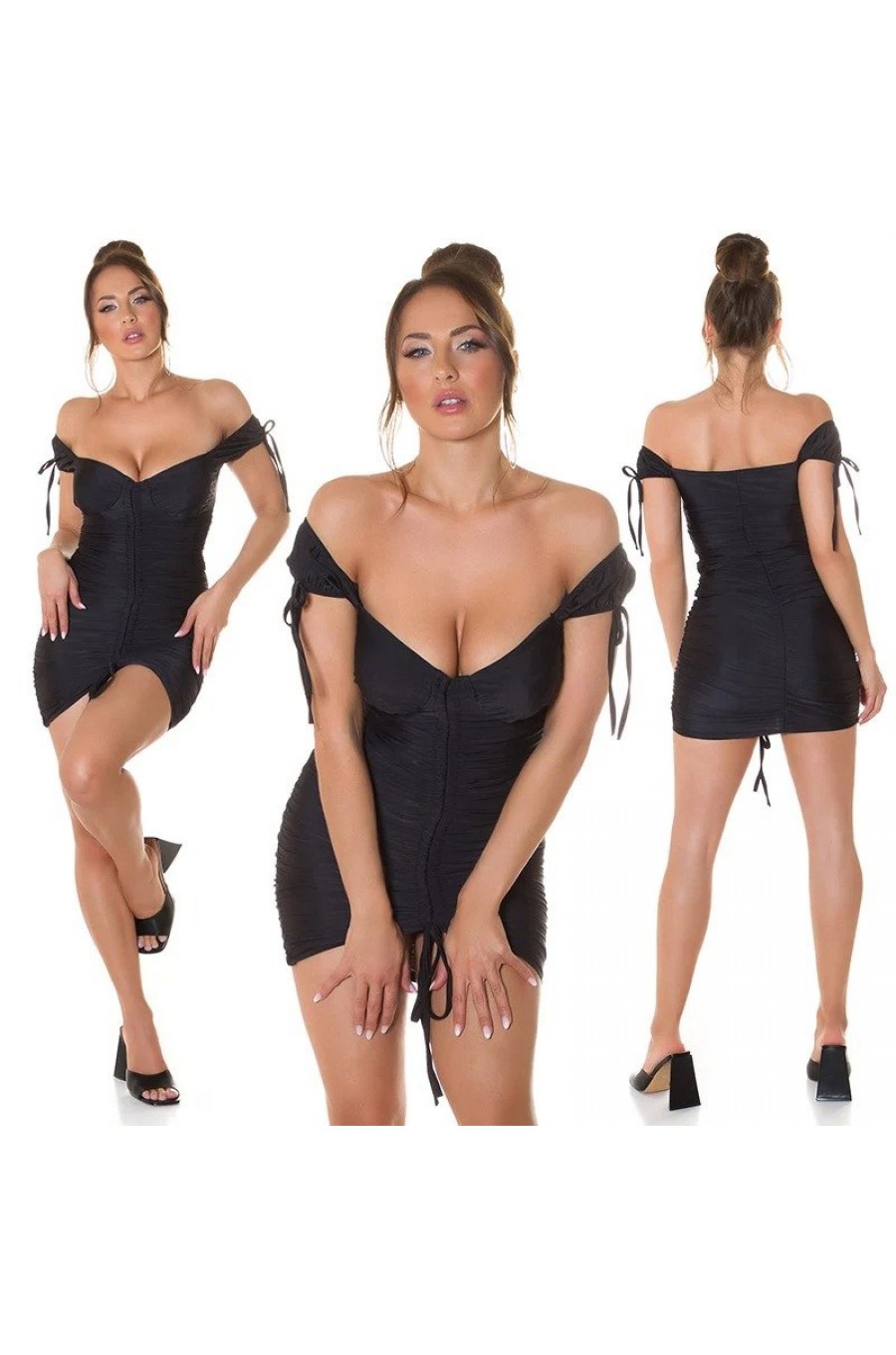 Rochie scurta neagra mulata cu umerii goi drapata Karla Rochie scurta neagra mulata cu umerii goi drapata Karla 5 - dyandra.ro