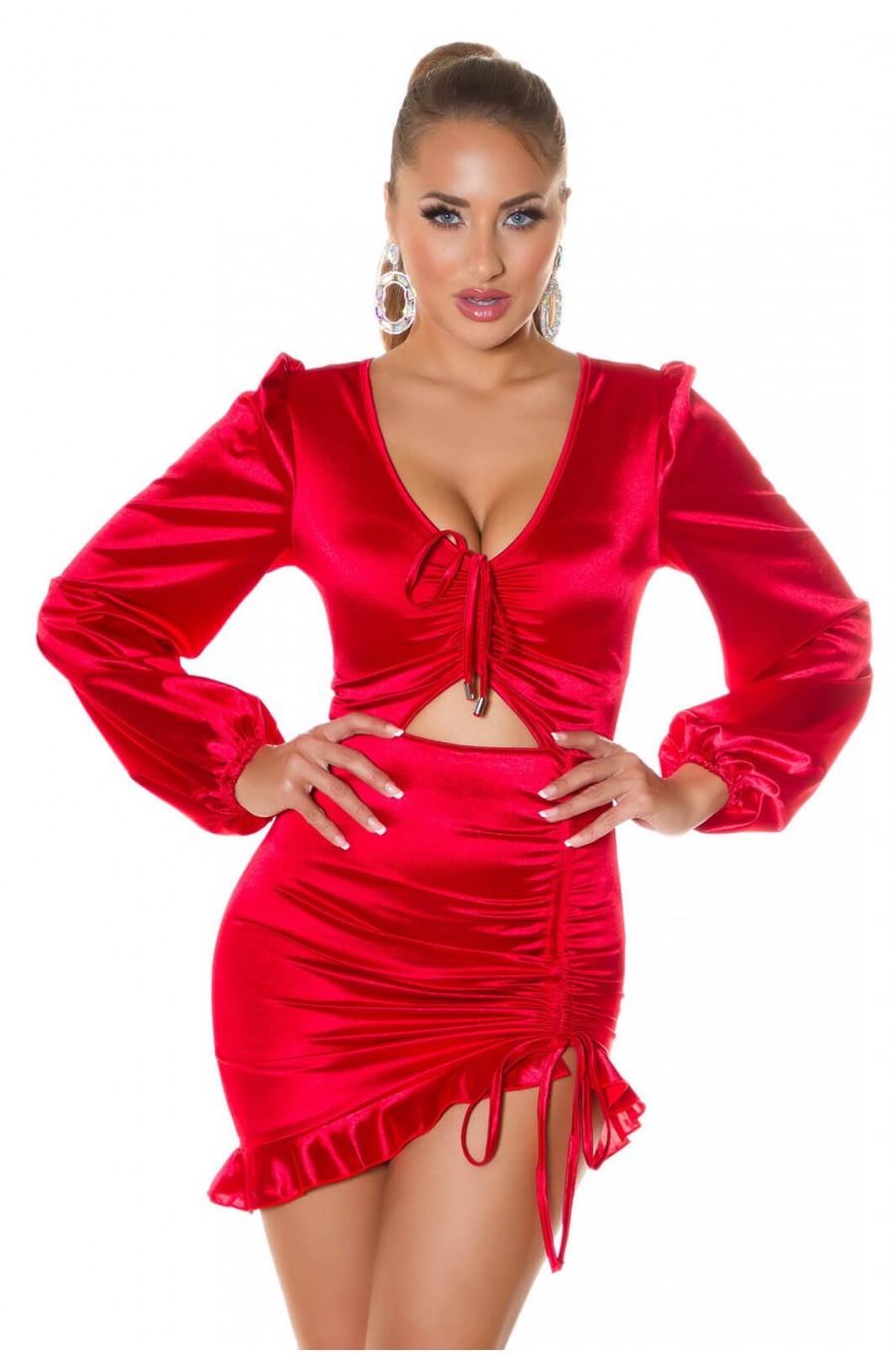 Rochie scurta rosie din satin mulata cu maneca lunga Graciela Rochie scurta rosie din satin mulata cu maneca lunga Graciela 1 - dyandra.ro