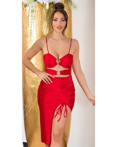 Rochie de club scurta, rosie, mulata, incretita, cu decupaje, asimetrica, Maia - dyandra.ro