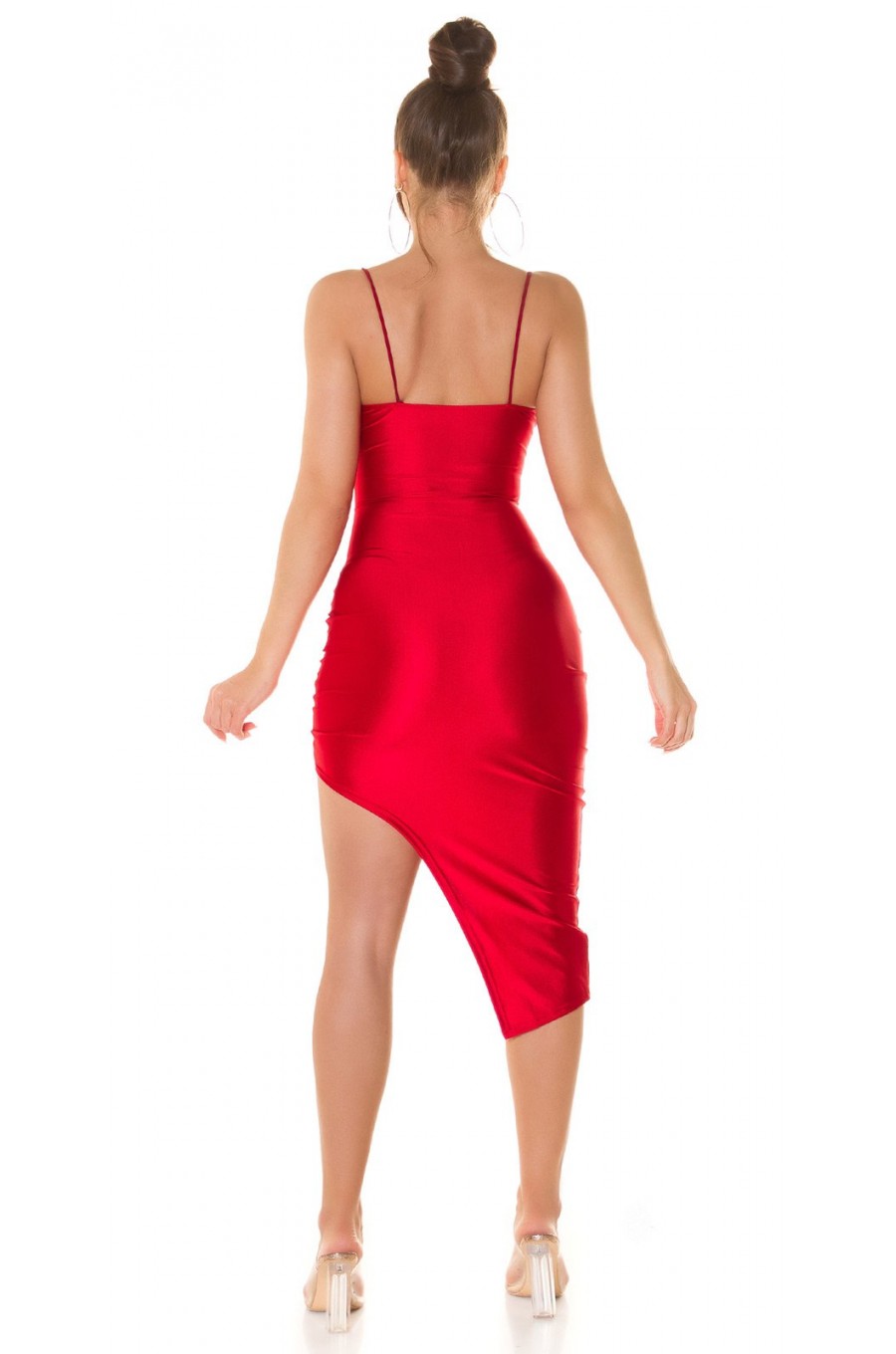 Rochie de club scurta, rosie, mulata, incretita, cu decupaje, asimetrica, Maia 5 - dyandra.ro