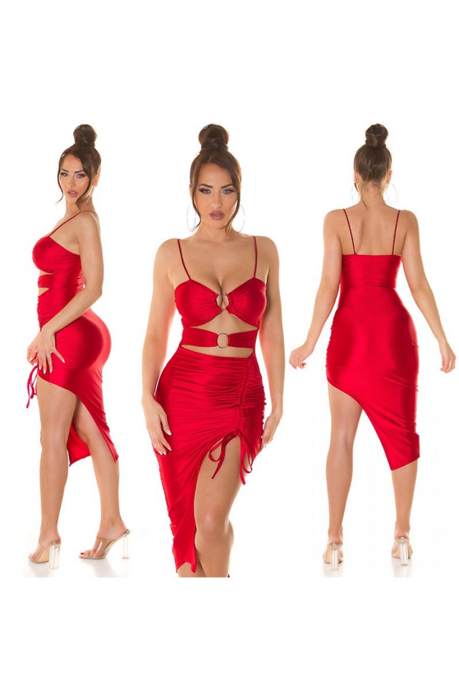 Rochie de club scurta, rosie, mulata, incretita, cu decupaje, asimetrica, Maia 7 - dyandra.ro
