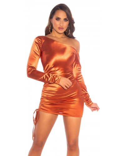 Rochie scurta din satin bronz mulata cu maneca lunga Rayes - dyandra.ro