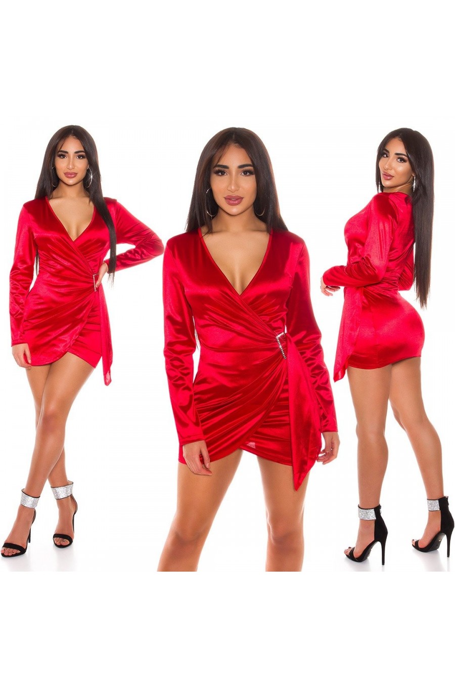 Rochie de club scurta, satin, rosie, mulata, cu maneca lunga, Althea Rochie de club scurta, satin, rosie, mulata, cu maneca lunga, Althea 5 - dyandra.ro