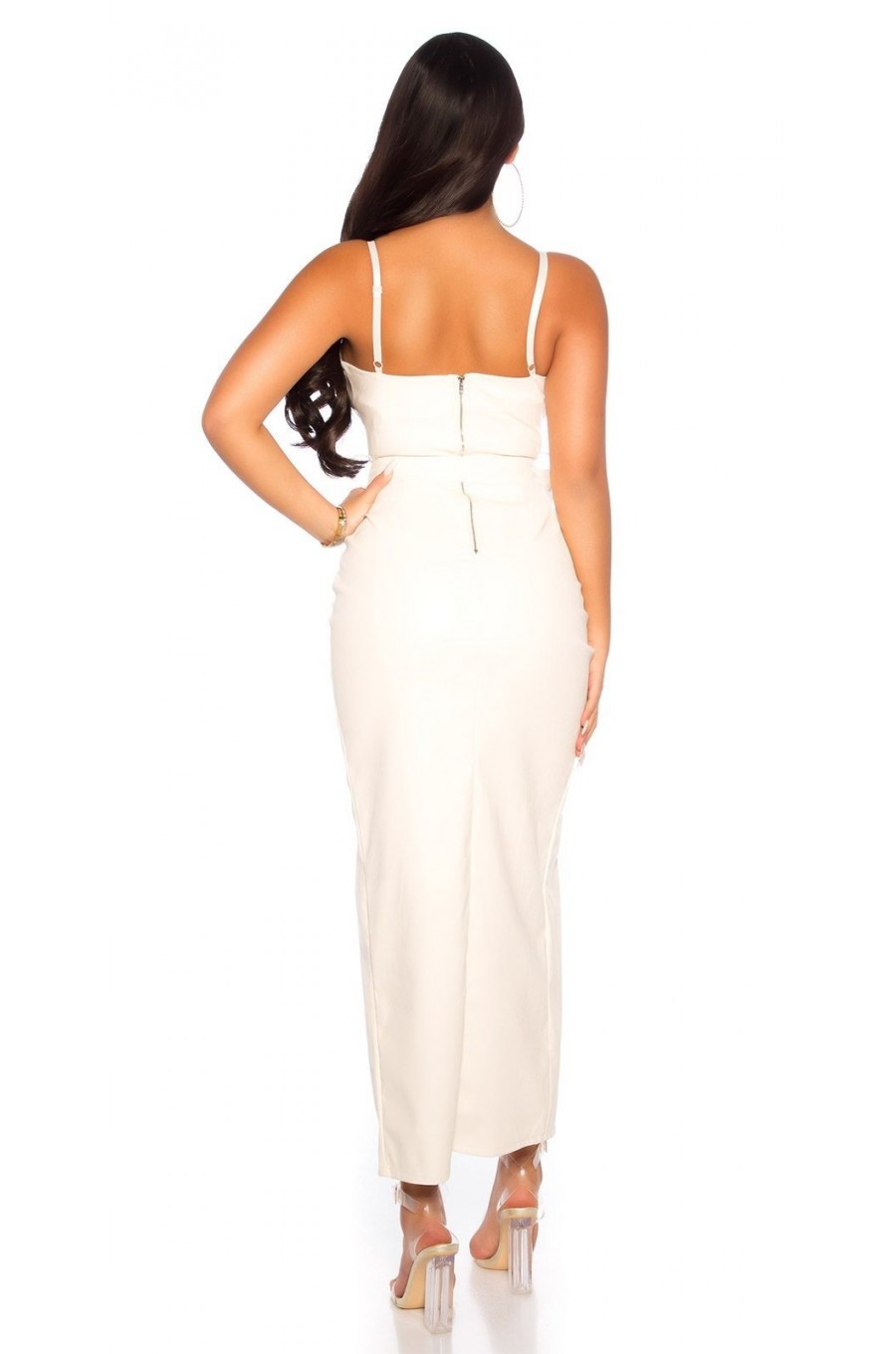 Rochie lunga din piele eco, ecru, crapata pe picior, Emaya Rochie lunga din piele eco, ecru, crapata pe picior, Emaya 3 - dyandra.ro