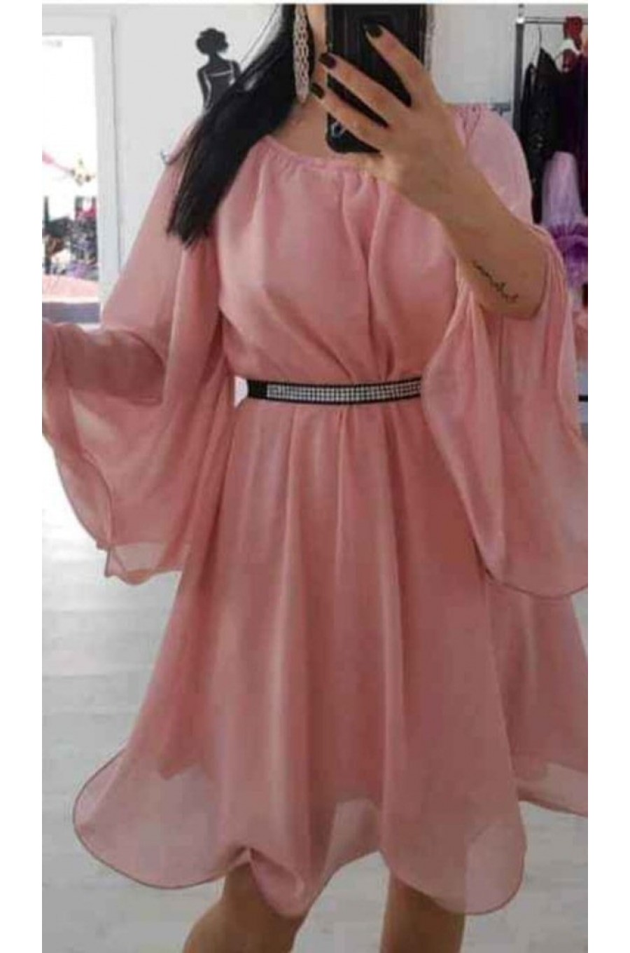 Rochie midi de ocazie din voal roz pal fluida Vanessa 1 - dyandra.ro