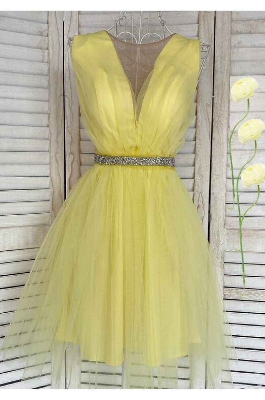 Rochie de ocazie eleganta scurta din tul galben baby doll Adelya  1 - dyandra.ro