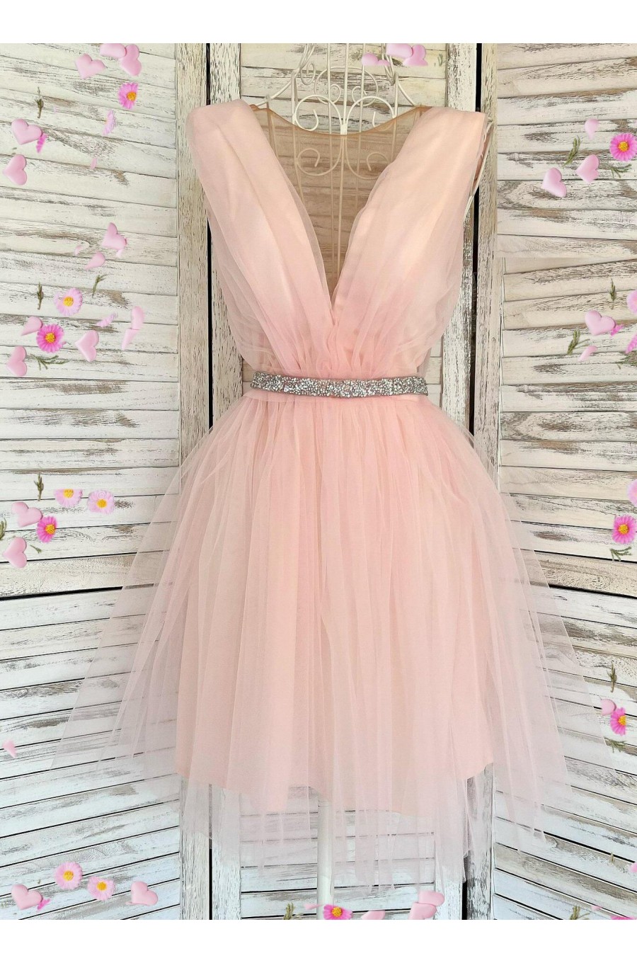 Rochie de ocazie eleganta scurta din tul roz pastelat Adelya Rochie de ocazie eleganta scurta din tul roz pastelat Adelya 1 - dyandra.ro
