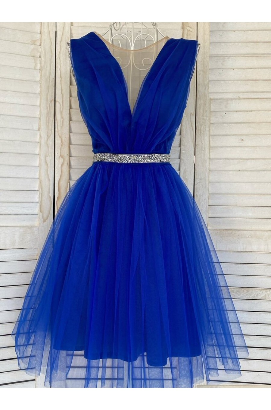 Rochie eleganta de ocazie scurta baby doll tul albastru electric Adelya 1 - dyandra.ro