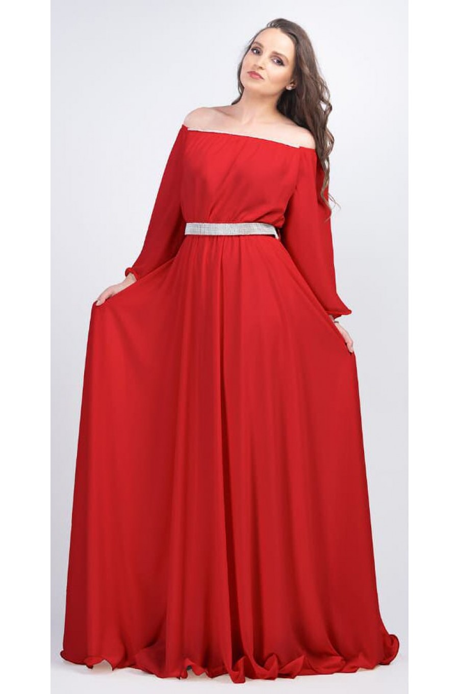 Rochie lunga rosie din voal cu maneca lunga Cinderella 1 - dyandra.ro