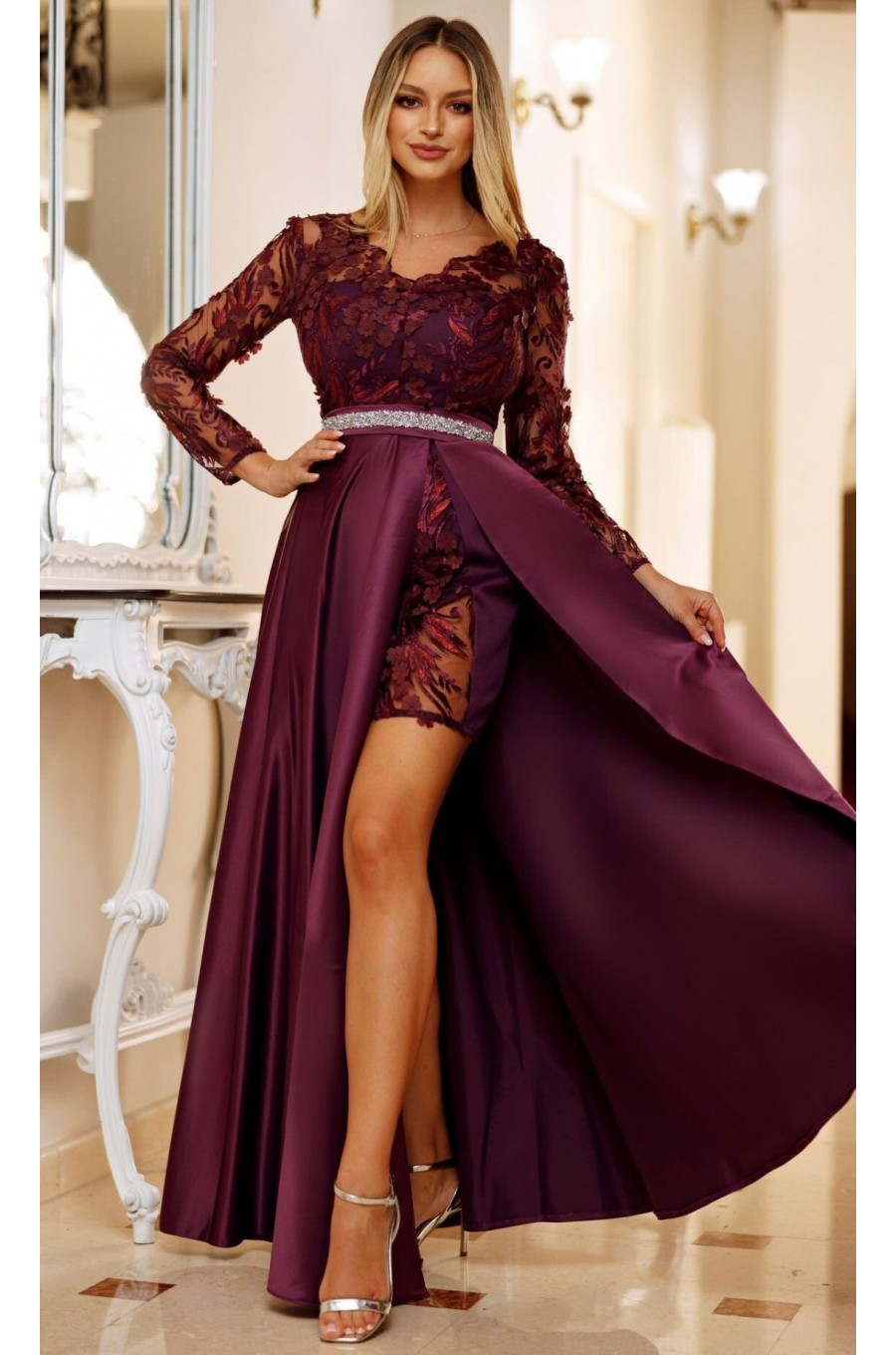 Rochie lunga din tafta mov pruna cu dantela 3D cu maneca lunga Anysia 1 - dyandra.ro