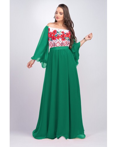 Rochii, Rochie traditionala eleganta lunga verde cu maci rosii cu maneci clopot Salomeea - dyandra.ro