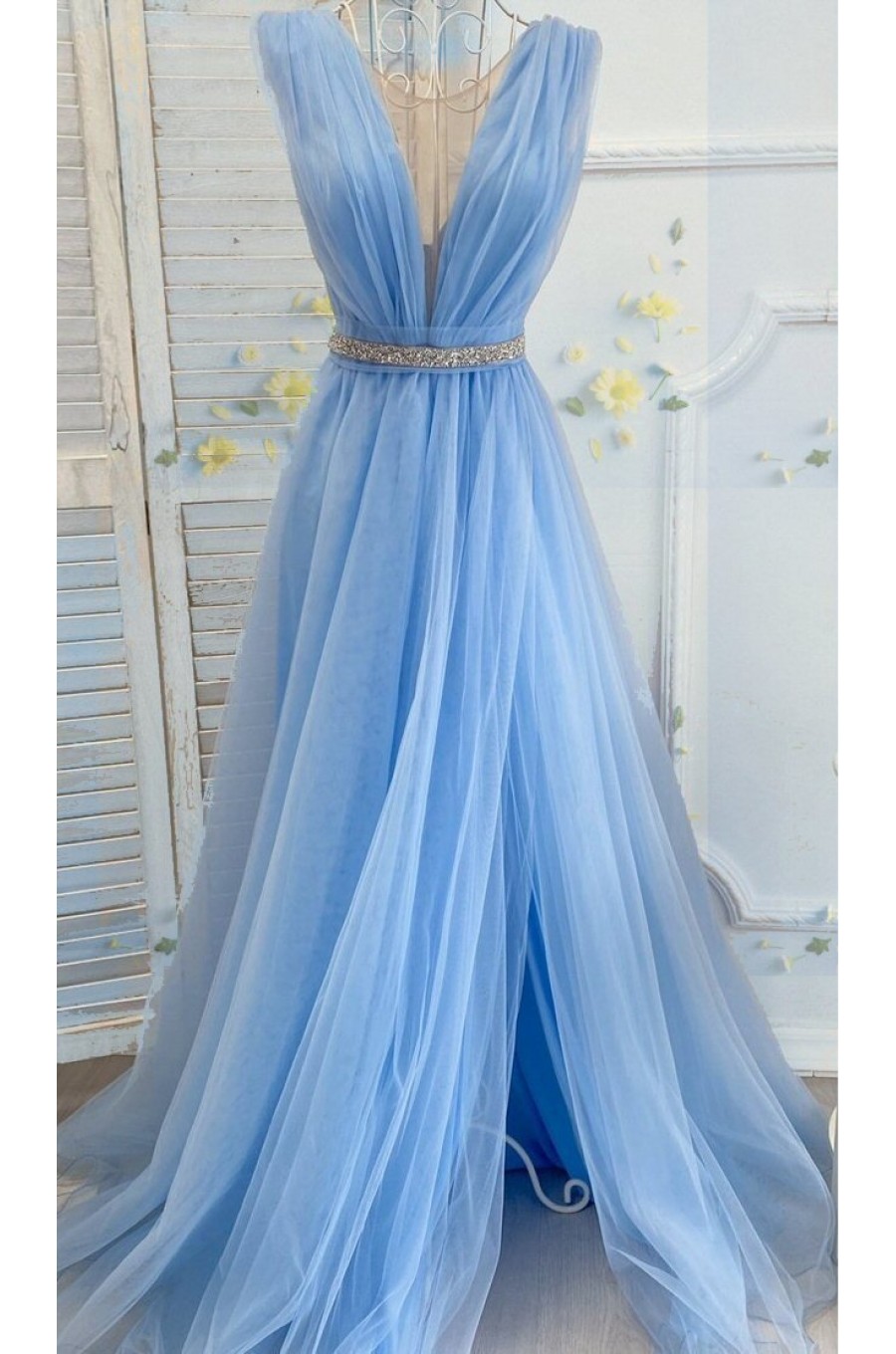 Rochie de ocazie eleganta lunga cu tulle bleu Adele 1 - dyandra.ro