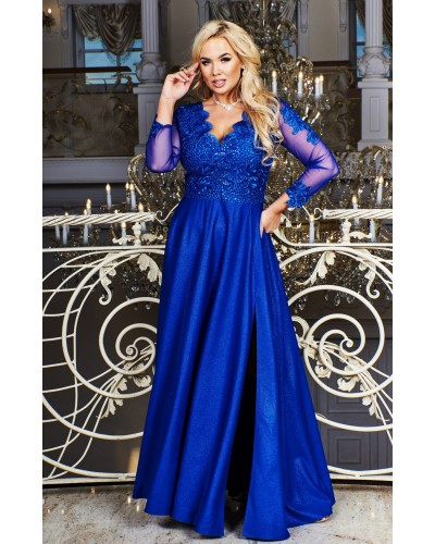 Rochie de ocazie eleganta lunga in marimi mari brocard albastru regal Carmen - dyandra.ro