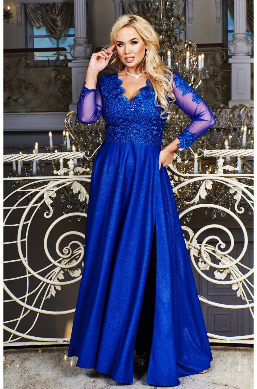 Rochie de ocazie eleganta lunga in marimi mari brocard albastru regal Carmen 2 - dyandra.ro