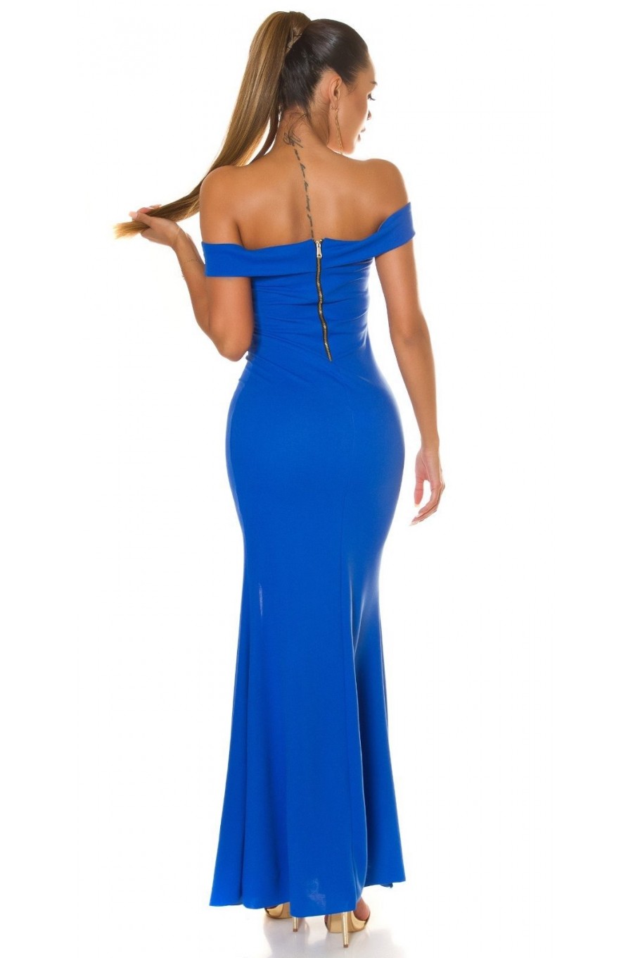 Rochie lunga albastra, mulata, cu umerii goi, crapata pe picior, Berda Rochie lunga albastra, mulata, cu umerii goi, crapata pe picior, Berda 5 - dyandra.ro