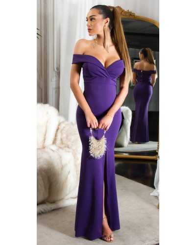 Rochie lunga mov, mulata, cu umerii goi, crapata pe picior, Berda - dyandra.ro