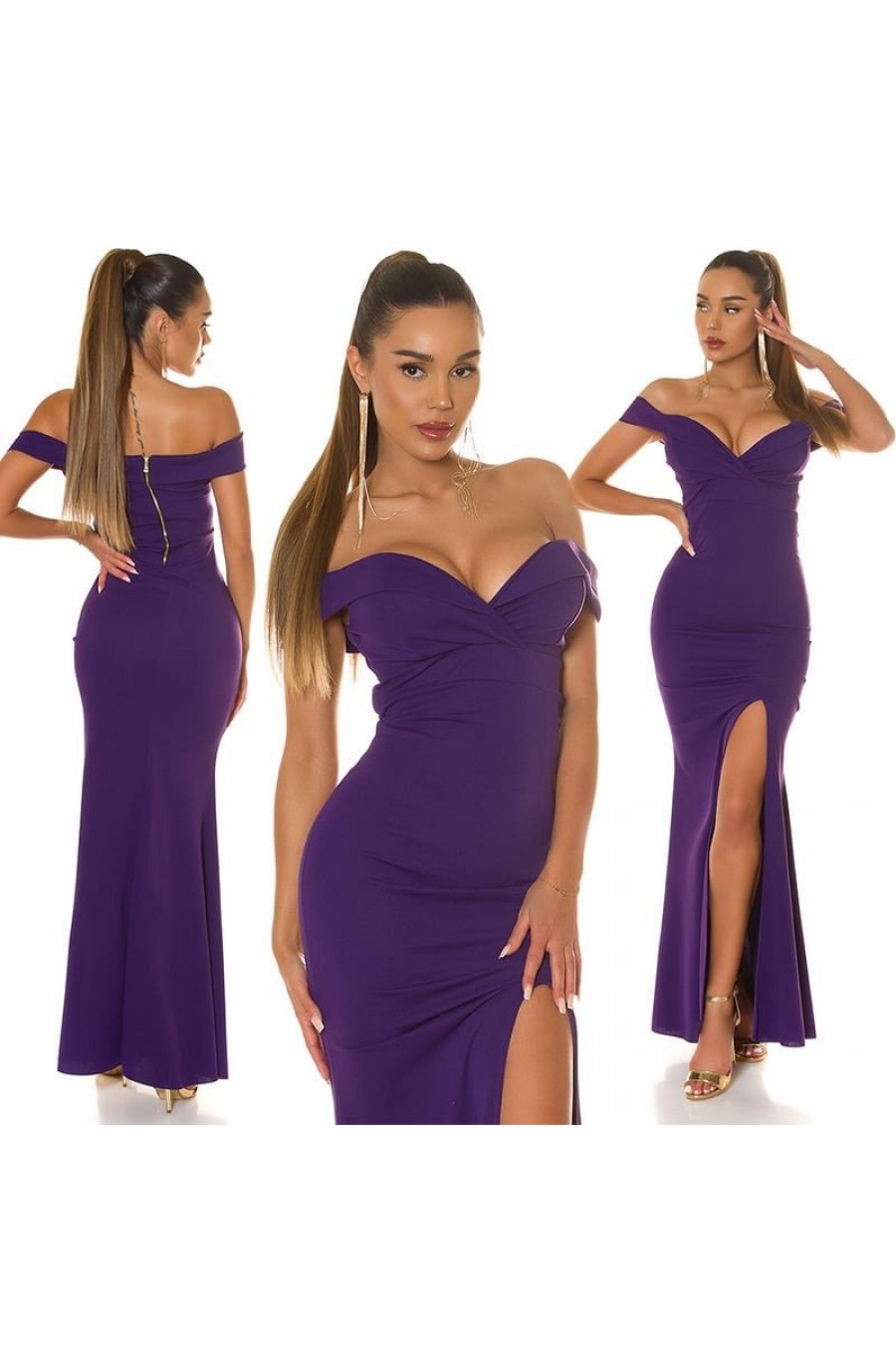 Rochie lunga mov, mulata, cu umerii goi, crapata pe picior, Berda Rochie lunga mov, mulata, cu umerii goi, crapata pe picior, Berda 8 - dyandra.ro