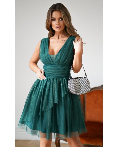 Rochie baby doll scurta, din brocard verde, cu tul stratificat, vaporoasa, Shinna - dyandra.ro