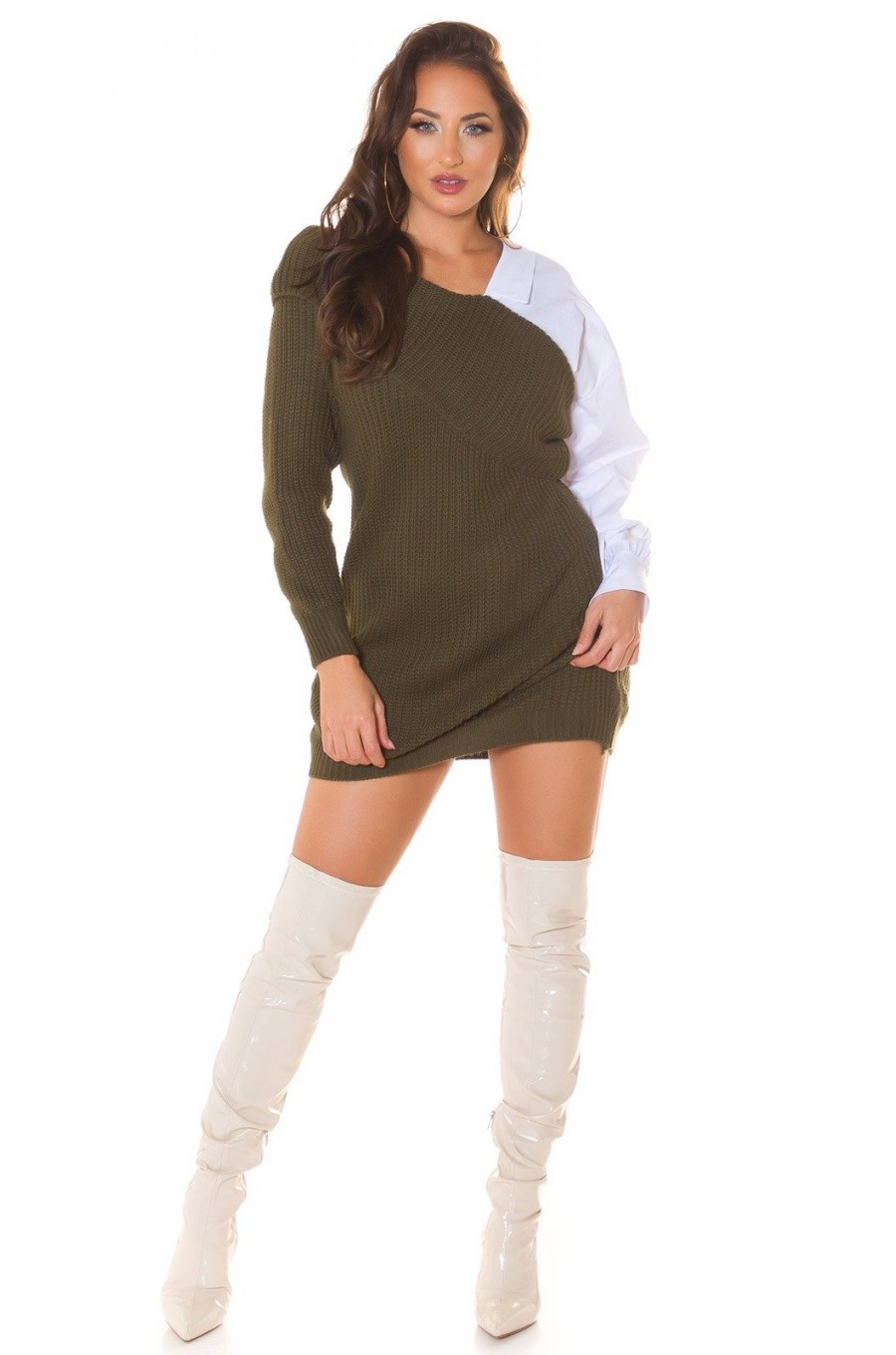 Rochie casual, scurta, tricotata, kaki, tip camasa, cu maneca lunga, Marceli 3 - dyandra.ro