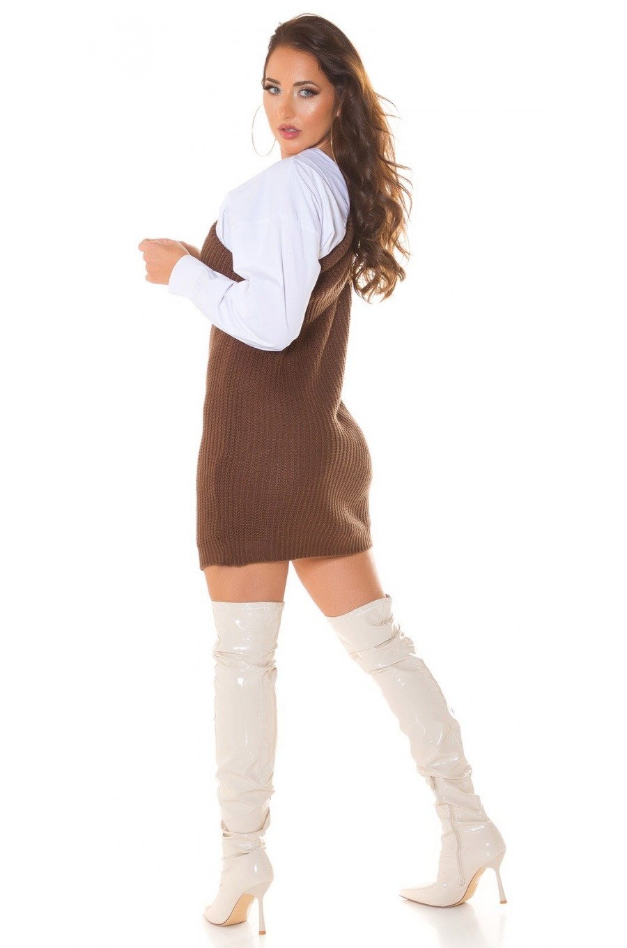 Rochie casual, scurta, tricotata, maro, tip camasa, cu maneca lunga, Marceli 4 - dyandra.ro