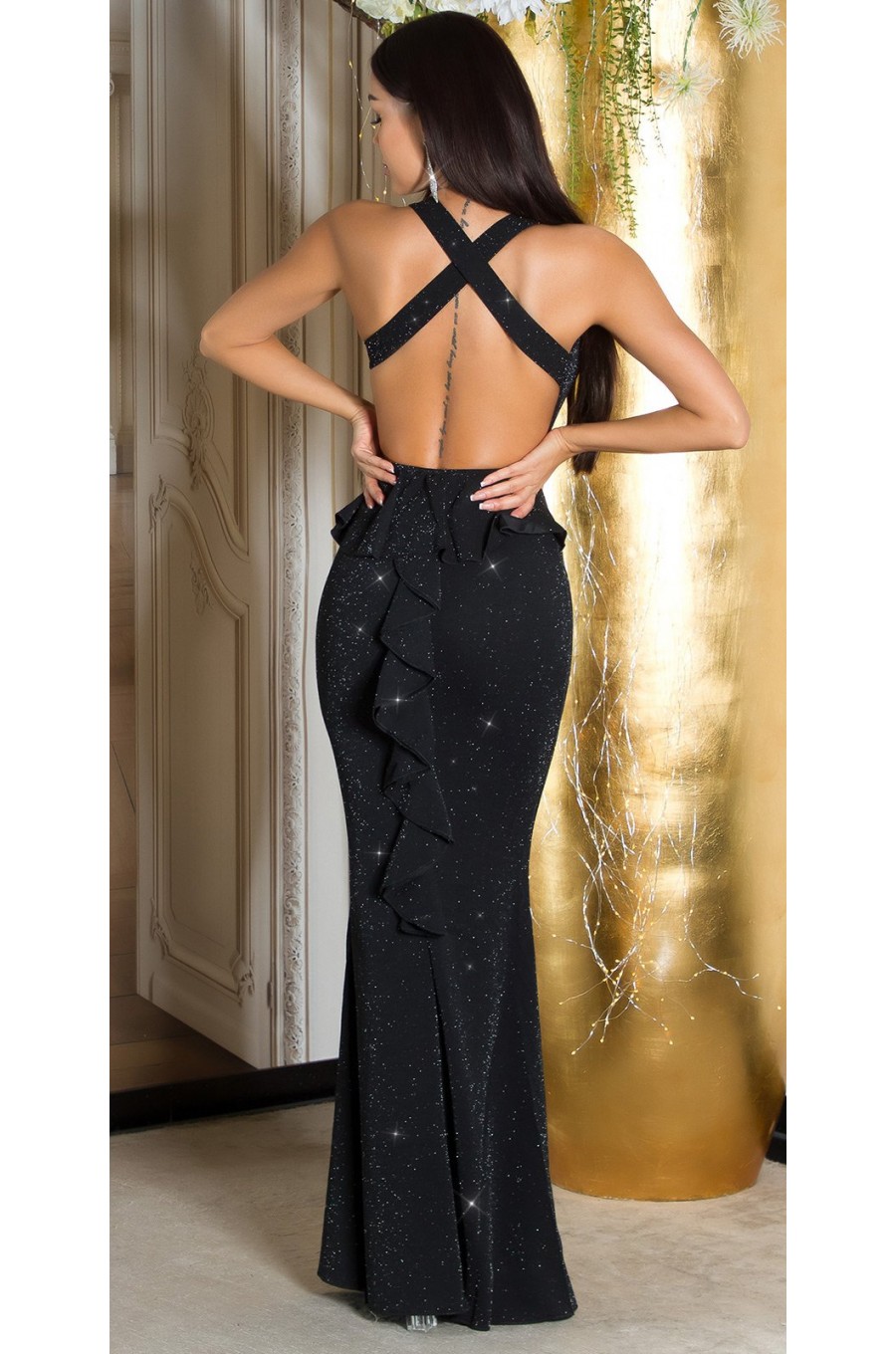 Rochie lunga neagra mulata din glitter cu umerii goi Love 1 - dyandra.ro