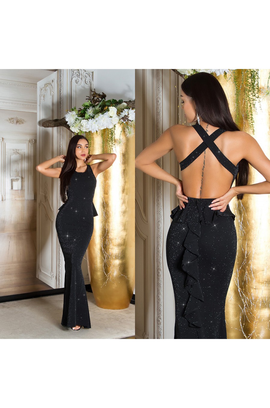 Rochie lunga neagra mulata din glitter cu umerii goi Love 5 - dyandra.ro