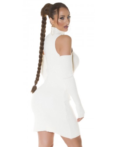 Rochie tricotata, midi, crem cu umeri goi  Dilara - dyandra.ro