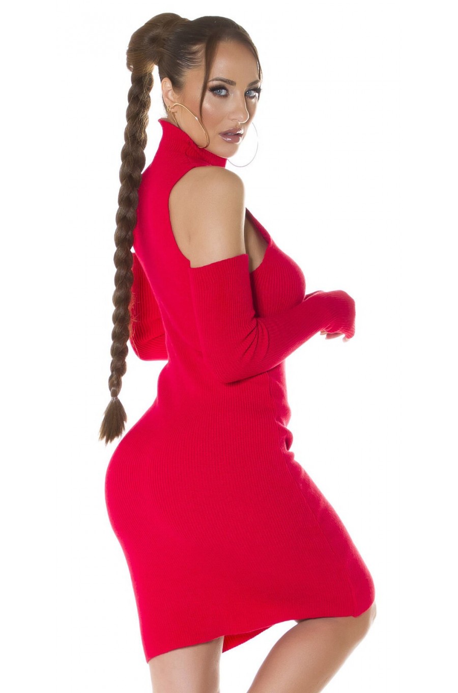 Rochie tricotata, midi, rosie cu umeri goi Dilara Rochie tricotata, midi, rosie cu umeri goi Dilara 3 - dyandra.ro