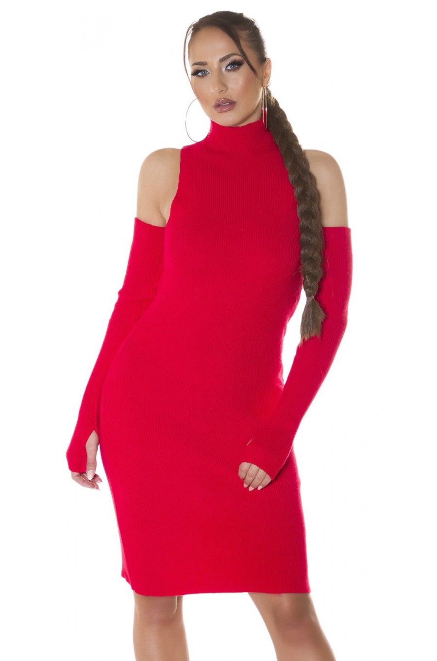 Rochie tricotata, midi, rosie cu umeri goi Dilara Rochie tricotata, midi, rosie cu umeri goi Dilara 1 - dyandra.ro