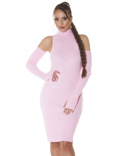 Rochie tricotata, midi, roz, cu umeri goi Dilara - dyandra.ro