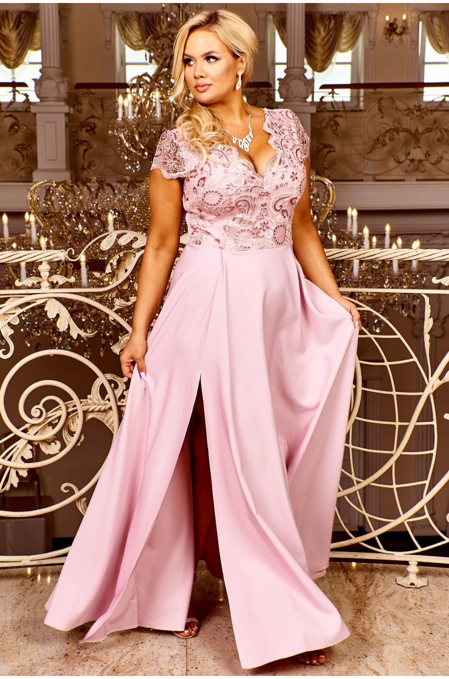 Rochie de cununie eleganta marime mare lunga dantela roz pastelat  Arianza 1 - dyandra.ro
