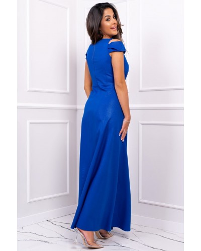 Rochie lunga albastra cu umerii goi din brocard Gala - dyandra.ro
