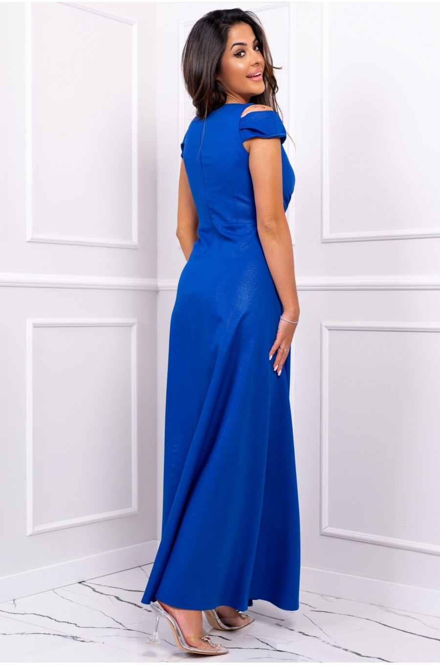 Rochie lunga albastra cu umerii goi din brocard Gala 2 - dyandra.ro