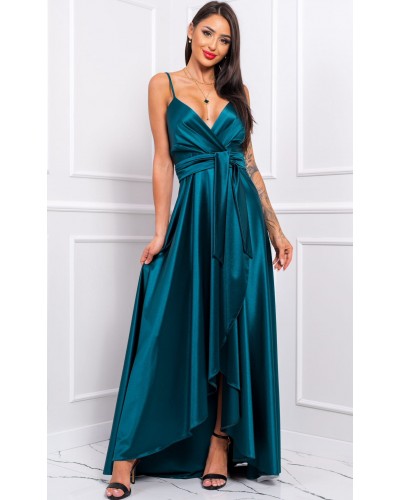 Rochie lunga din satin verde petrecuta LiviaB - dyandra.ro