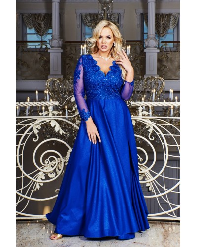 Rochie de ocazie eleganta lunga in marimi mari brocard albastru regal Carmen - dyandra.ro