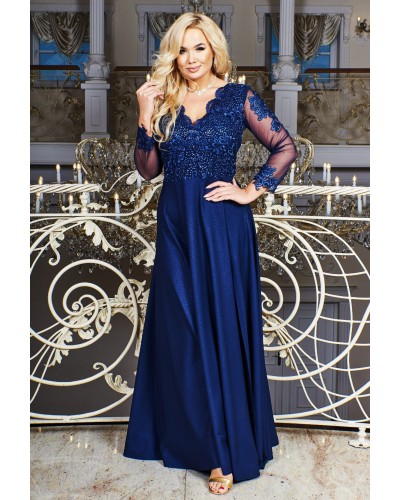 Rochie de seara eleganta lunga in marimi mari brocard bleumarin Carmen - dyandra.ro