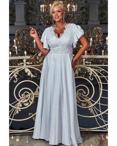 Rochie cununie civila marime mare lunga alba dantela si brocard Laura - dyandra.ro