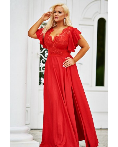 Rochie eleganta XXL lunga rosie din brocard si dantela Laura - dyandra.ro