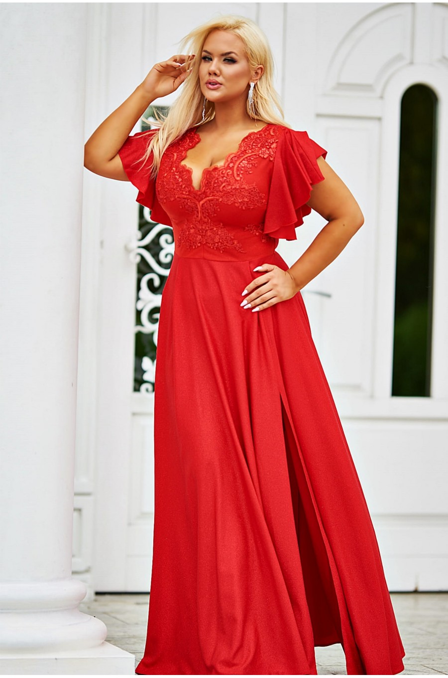 Rochie eleganta XXL lunga rosie din brocard si dantela Laura Rochie eleganta XXL lunga rosie din brocard si dantela Laura 1 - dyandra.ro