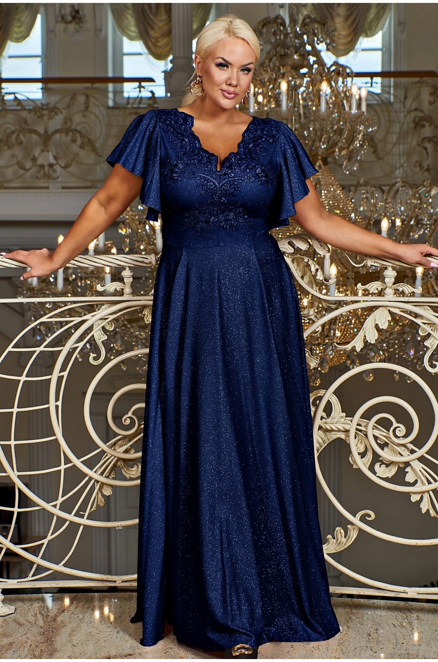 Rochie lunga din dantela si brocard bleumarin Laura Rochie lunga din dantela si brocard bleumarin Laura 1 - dyandra.ro