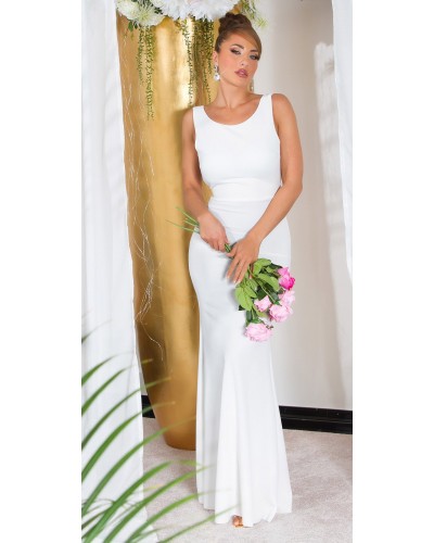 Rochie lunga alba tip sirena cu spatele gol Lace - dyandra.ro