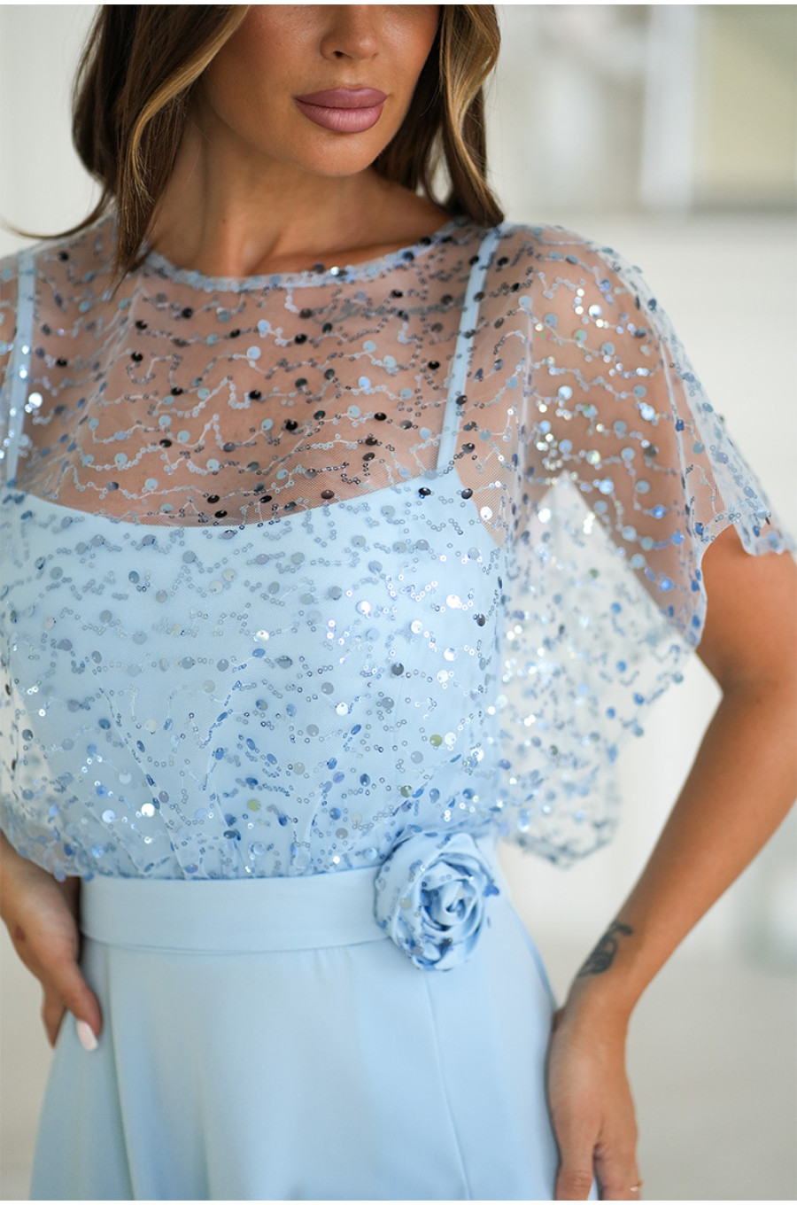 Rochie eleganta lunga baby blue cu paiete pe bust Azaliya 4 - dyandra.ro