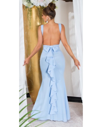 Rochie eleganta lunga, baby blue, mulata, tip sirena, cu spatele gol, Lace - dyandra.ro
