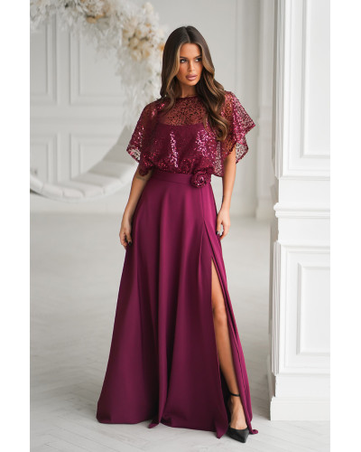 Rochii marimi mari, Rochie eleganta lunga burgundy cu paiete vaporoasa Azaliya - dyandra.ro