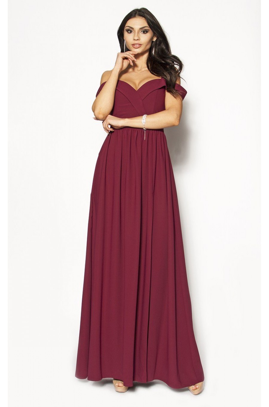 Rochie lunga burgundy cu umerii goi vaporoasa Kosmina 1 - dyandra.ro